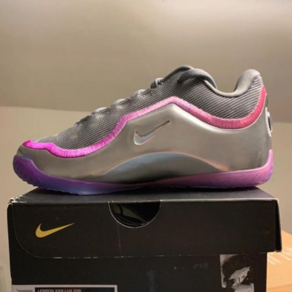 Nike Kids Gray Sneakers with Pink and Purple Trim